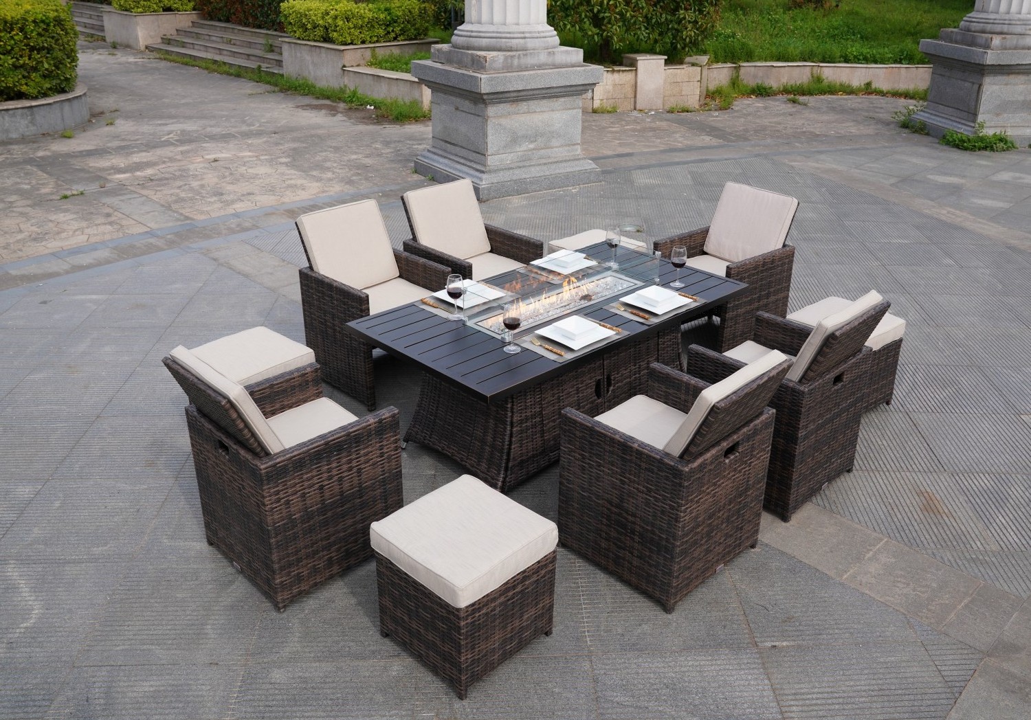 Outdoor Patio Furniture Multifunctional Rattan Fire Pit Dining Table Set With Chairs And Ottoman