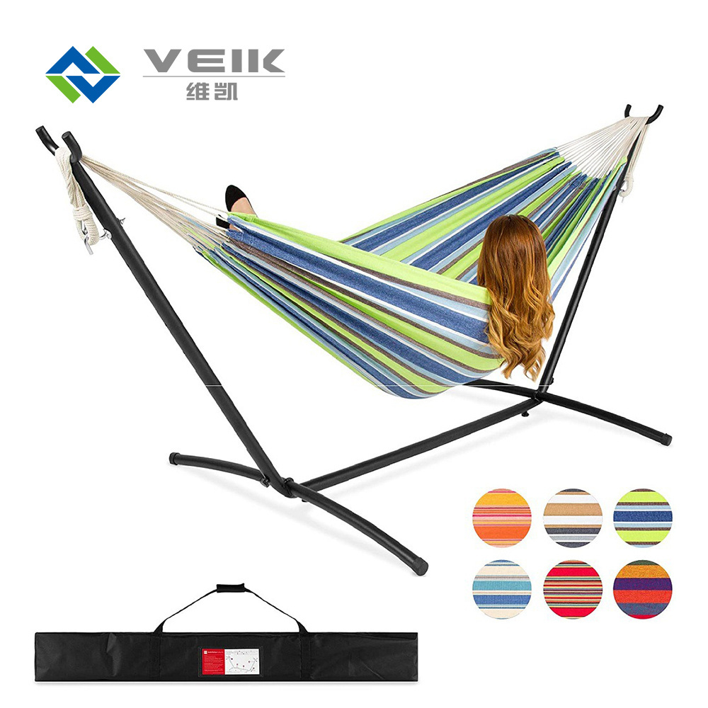 Double Cotton Hammock With Space Saving Steel Stand Includes Portable Carrying Case-Desert Stripe