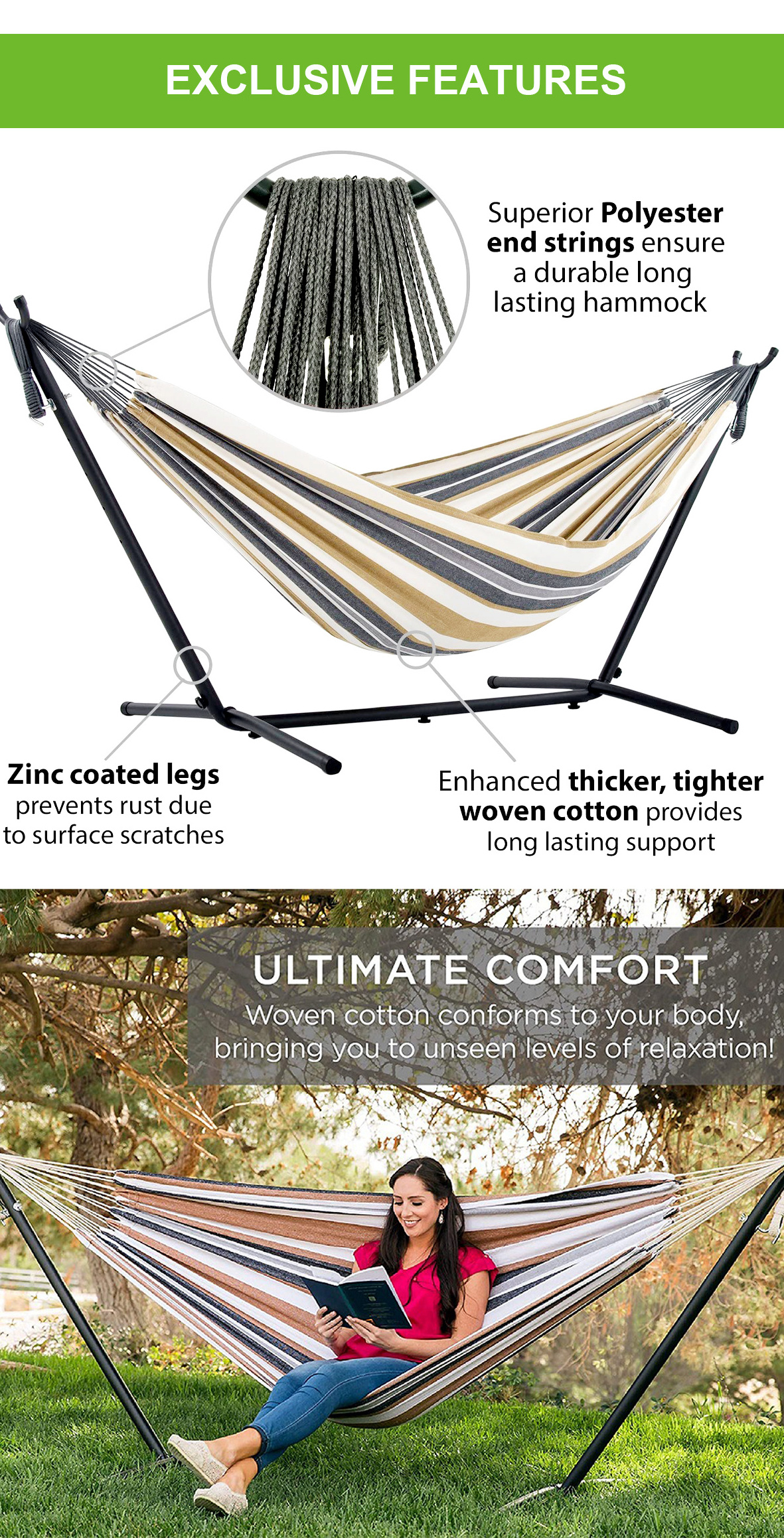 Double Cotton Hammock With Space Saving Steel Stand Includes Portable Carrying Case-Desert Stripe