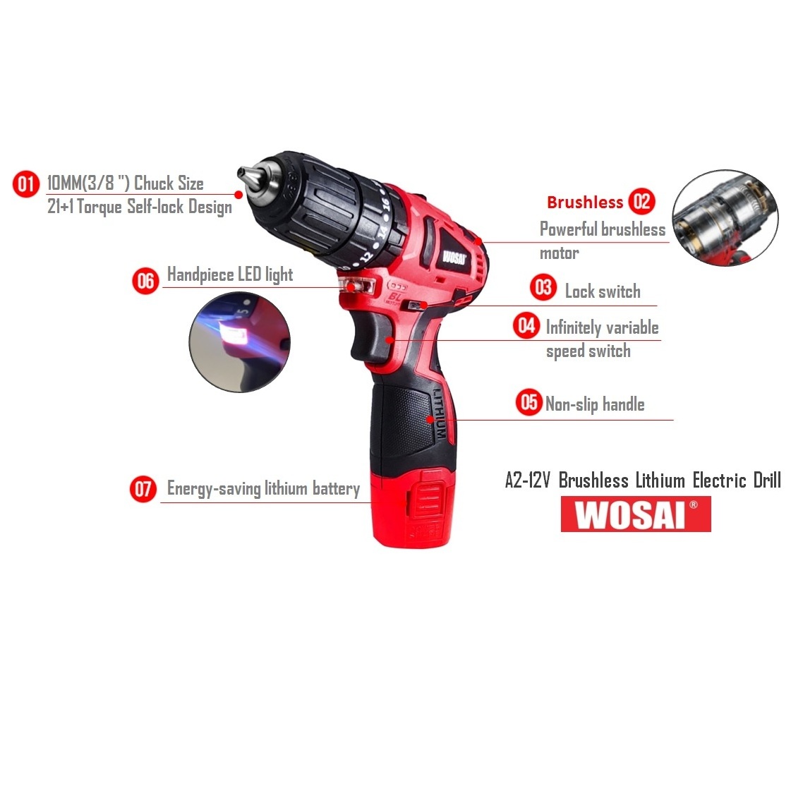 WOSAI Electric hand cordless rechargeable drill 12v power tools drills drill cordless