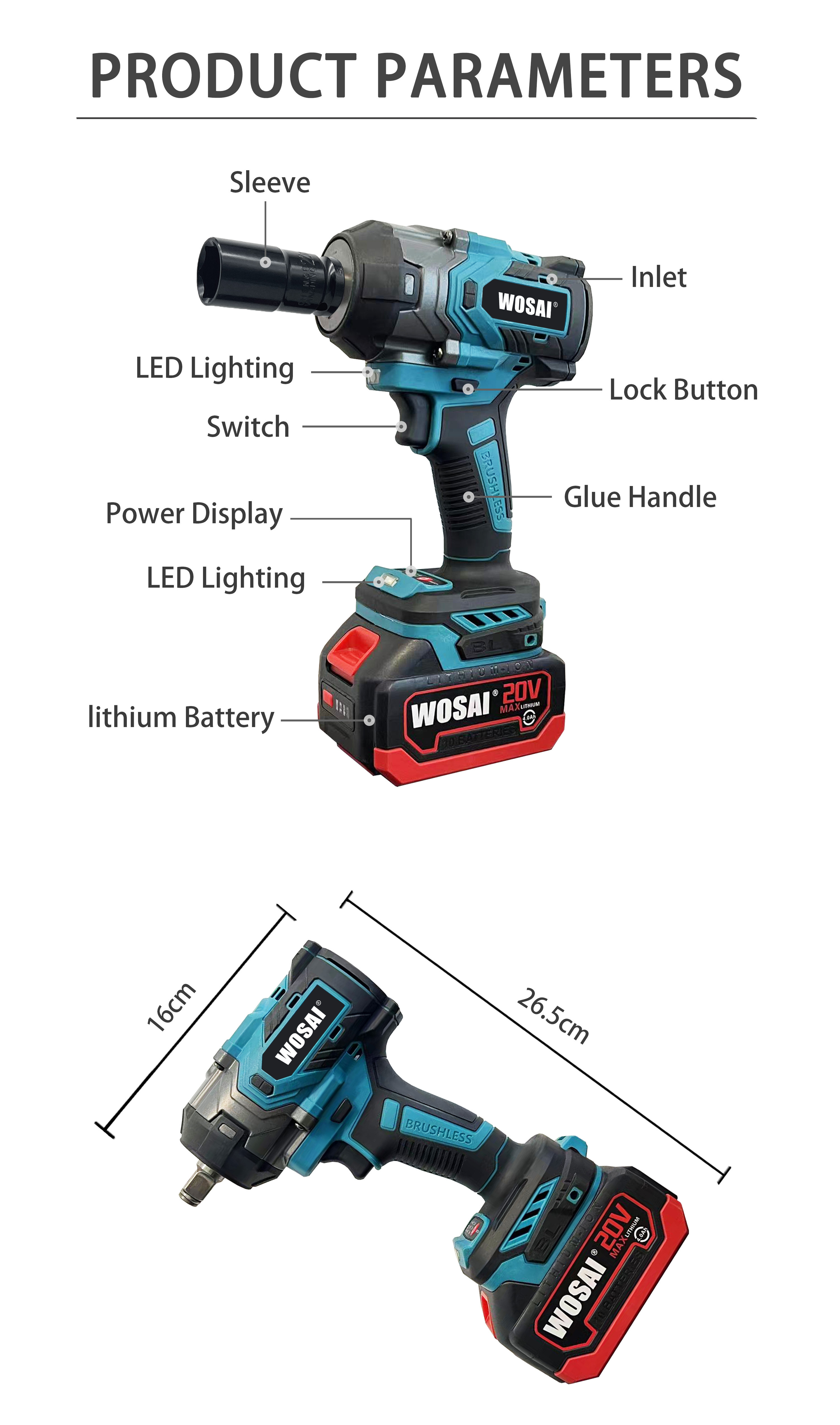 WOSAI 650nm High Torque Electric Wrench 1/2 Inch Brushless Impact Wrench Cordless Power Tool For 20v Battery