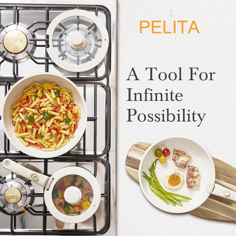 PELITA  Nonstick Cookware Detachable/Removable Handle 11pcs Kitchen Induction RV Aluminium Ceramic Pots and Pans Set Oven Safe