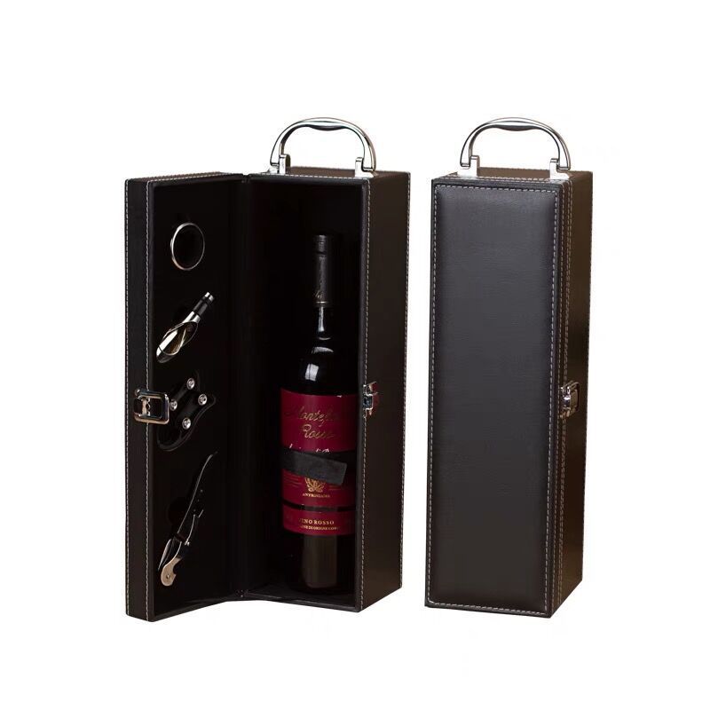 Customized Handle Luxury Liquor Gift Packaging High-end Handmade Pu Leather Wine Bottle Packaging Box With Custom Logo