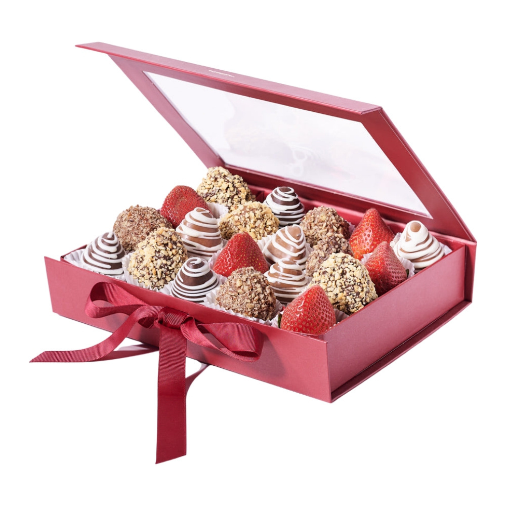 Custom Flip Top PVC Window Luxury Cardboard Chocolate Strawberry Magnetic Closure Packaging Box for Chocolate Covered Strawberry