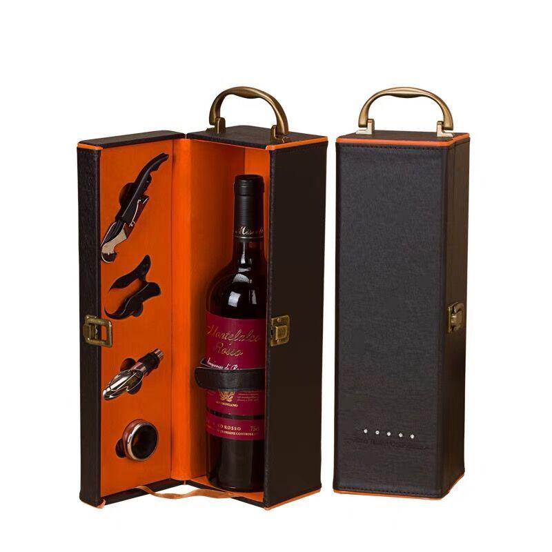 Customized Handle Luxury Liquor Gift Packaging High-end Handmade Pu Leather Wine Bottle Packaging Box With Custom Logo