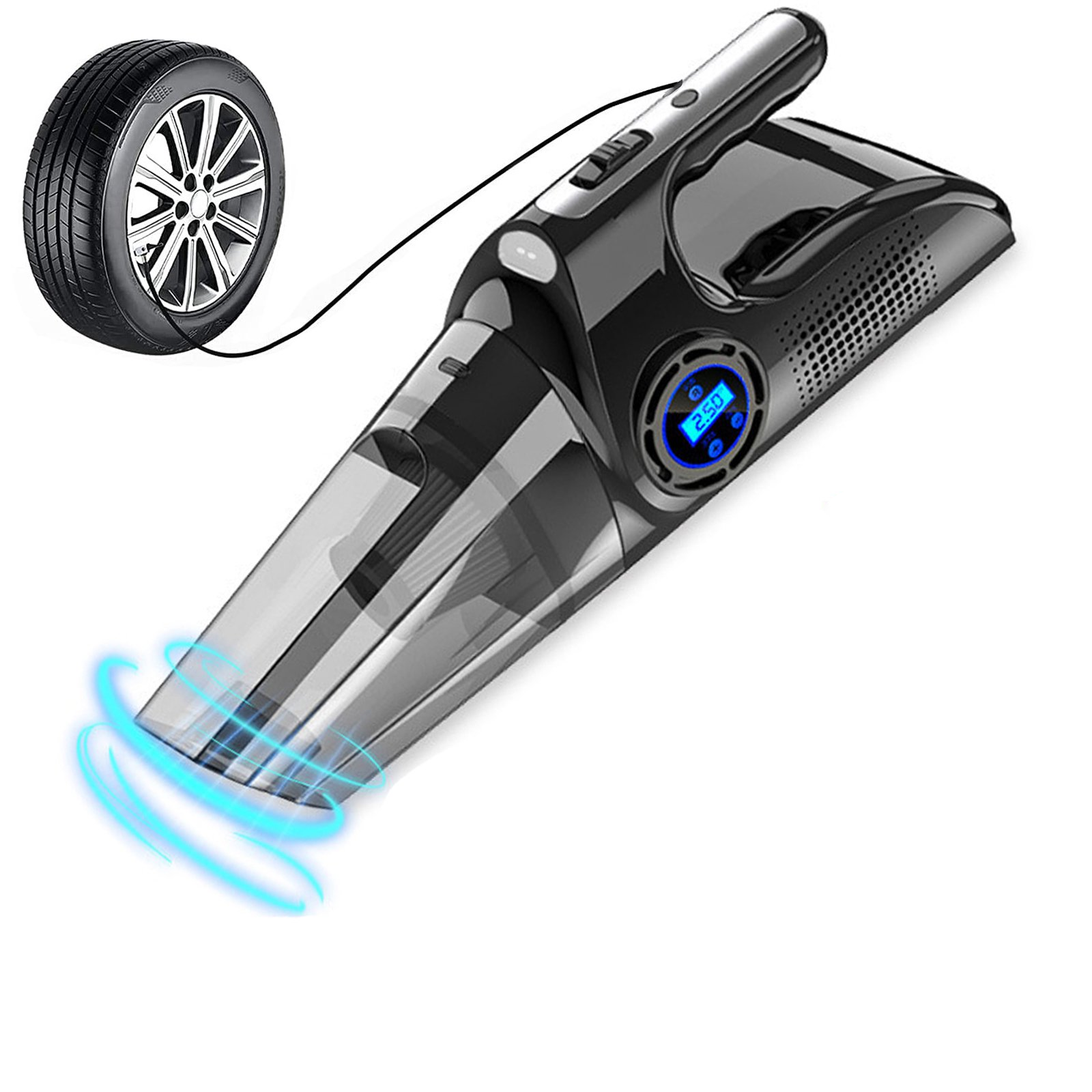 Portable Car Vacuum Cleaner, USB Charging Wireless Handheld Tire Inflator Air Compressor with Digital Tire Pressure Gauge