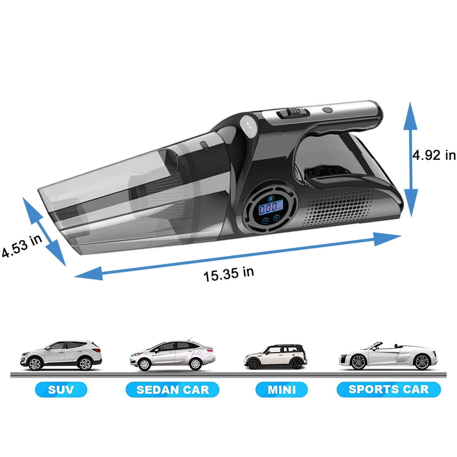 Portable Car Vacuum Cleaner, USB Charging Wireless Handheld Tire Inflator Air Compressor with Digital Tire Pressure Gauge