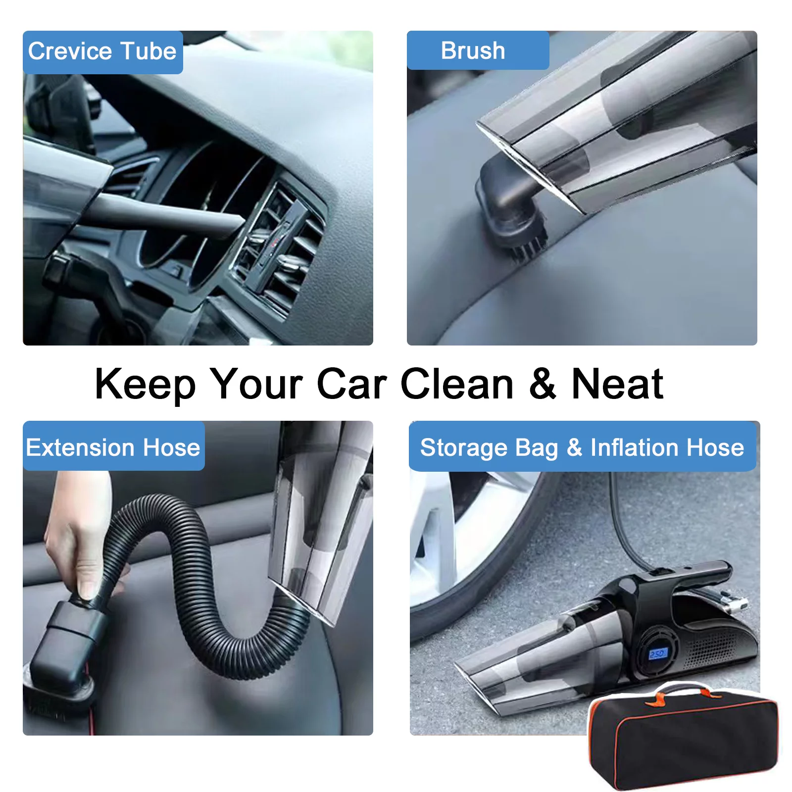 Portable Car Vacuum Cleaner, USB Charging Wireless Handheld Tire Inflator Air Compressor with Digital Tire Pressure Gauge