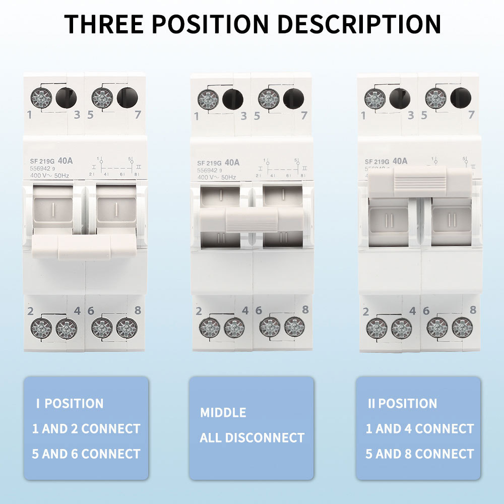 SF219G SF219F SF263 Change over Switch 2P 25A 40A 63A 2 Pole 2 way centre off Din Rail type Modular Manual Changeover Switch