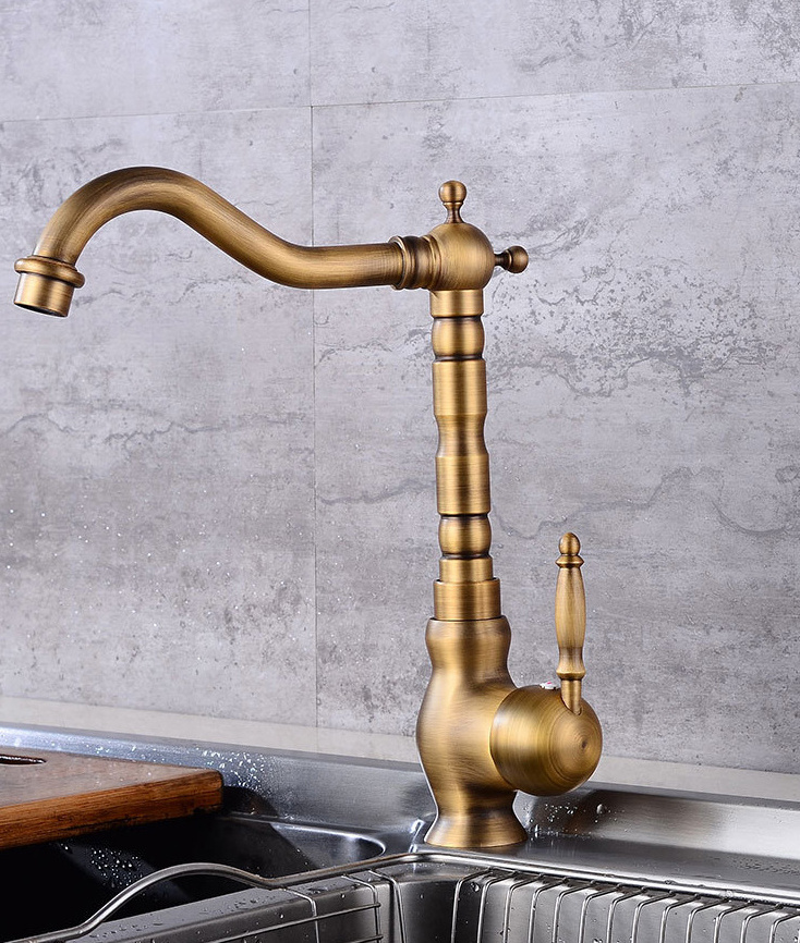 Antique kitchen mixer brass copper hot cold water sink  single lever deck mount high spout kitchen faucet