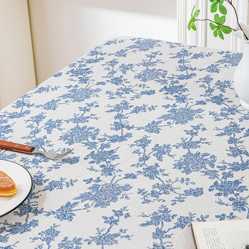 Garden style luxury retro floral tablecloth blue cotton linen tea table cloth small round table cloth cover