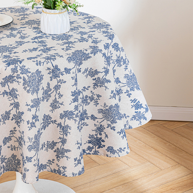 Garden style luxury retro floral tablecloth blue cotton linen tea table cloth small round table cloth cover