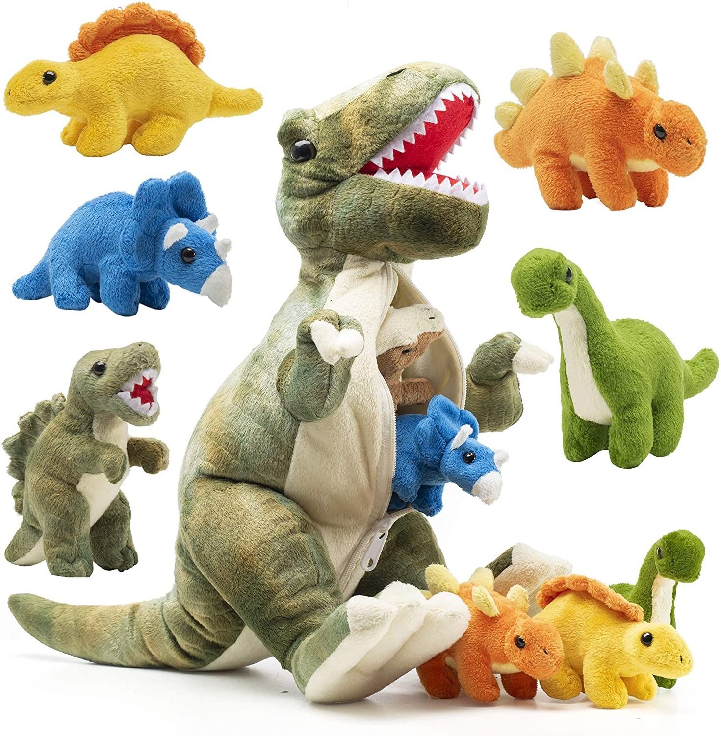 15 inch Customized Toys Dinosaur Plush Stuffed Animal with Tummy Carrier Filled with 5 Cute Little Baby Dinosaur Toy Set