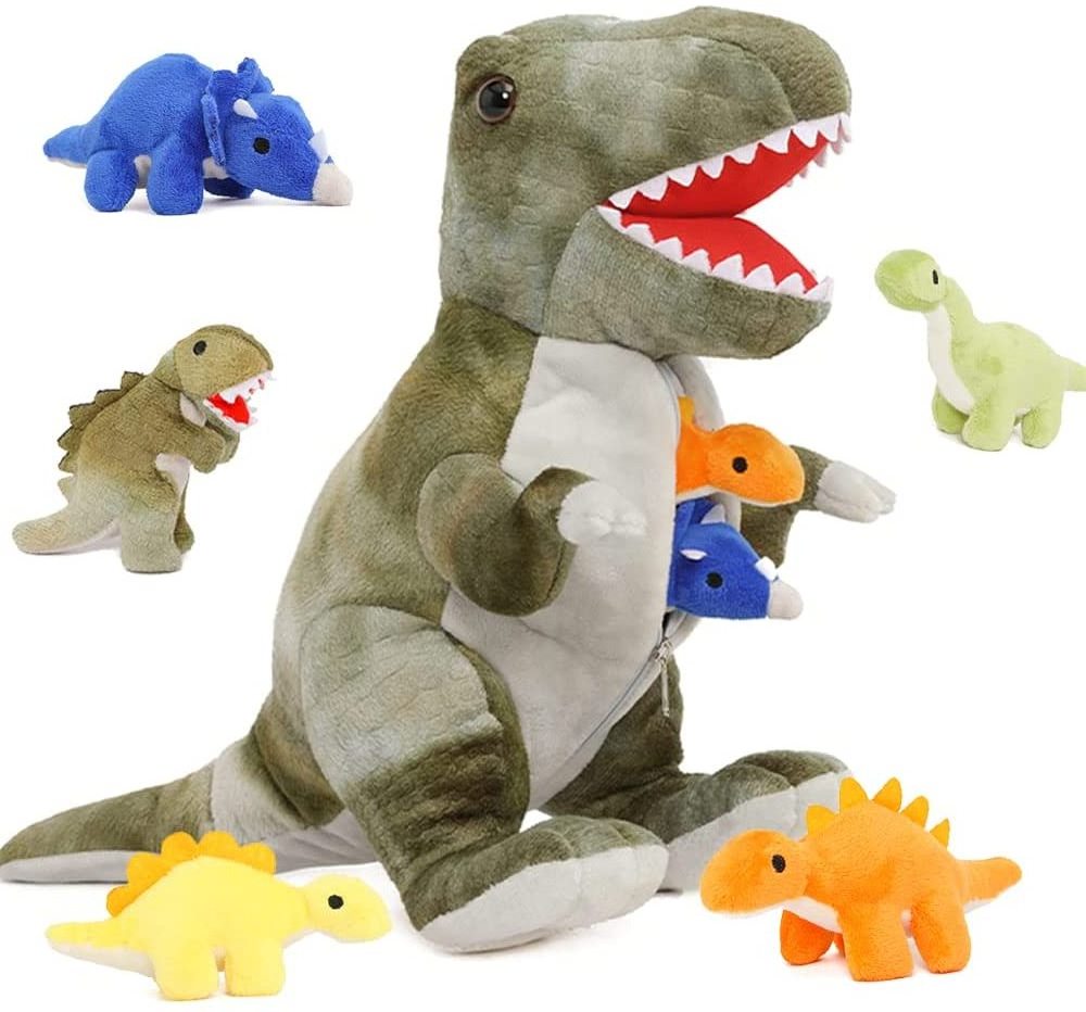 15 inch Customized Toys Dinosaur Plush Stuffed Animal with Tummy Carrier Filled with 5 Cute Little Baby Dinosaur Toy Set