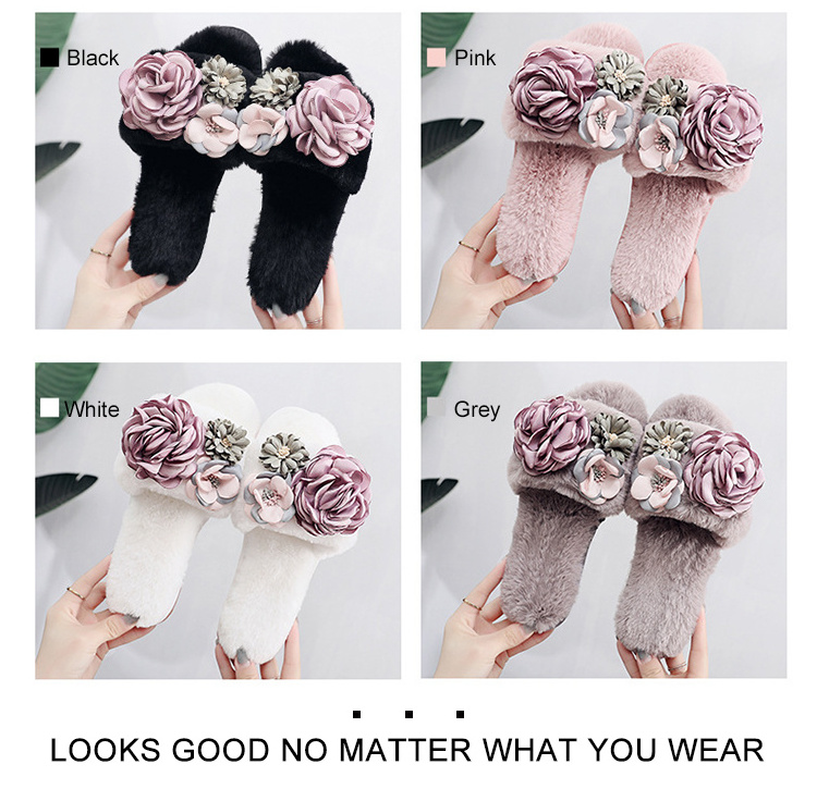 Wholesale Luxury Women House Plush Slippers Warm Faux Fur Ladies Soft Sole Warm Flat Fashion Fur Flower Slippers