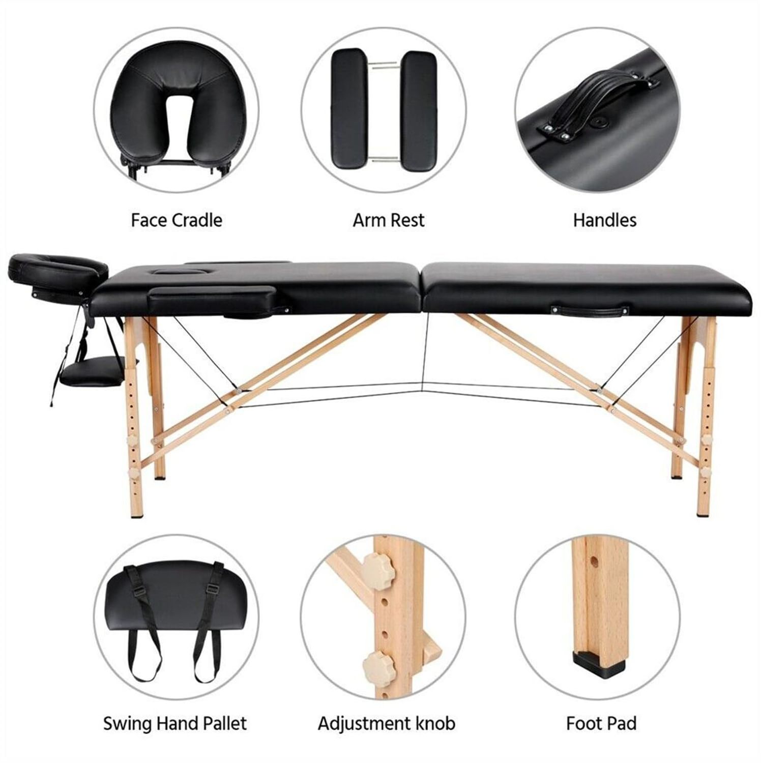 2024 Home Wooden Frame Salon Beauty Bed, Black Portable Massage Bed, Facial Care Bed, Spa Eyelash Bed, Adjustable Height