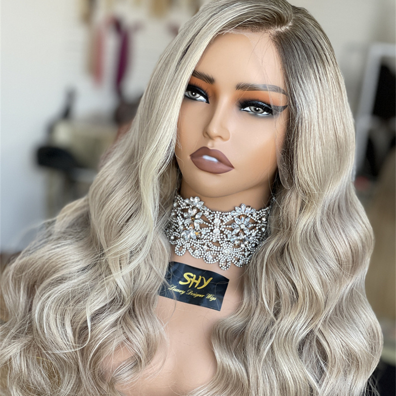 SHY Luxury human Raw virgin hair wigs glueless hd lace frontal wigs Ash blonde colored Glueless 13x5 Medical wig for white women