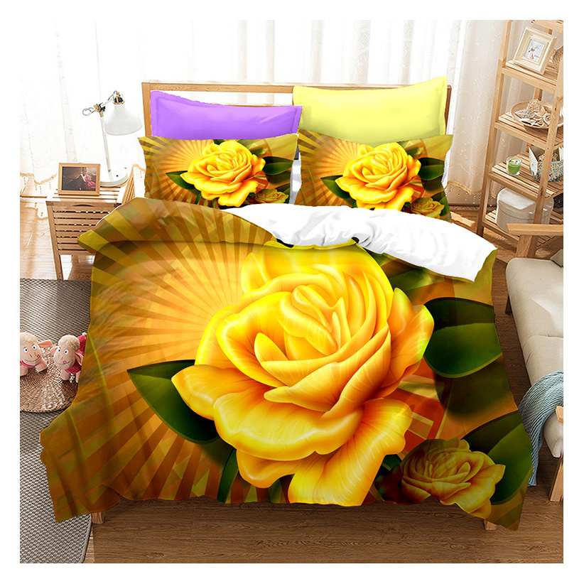 3D Digital Printing 100% Polyester 3PCS/ 4PCS Bedding Set Floral Rose Duvet Cover Set Bed Sheets Wholesale Bedsheets Sets