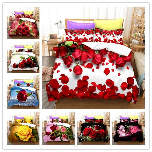 3D Digital Printing 100% Polyester 3PCS/ 4PCS Bedding Set Floral Rose Duvet Cover Set Bed Sheets Wholesale Bedsheets Sets