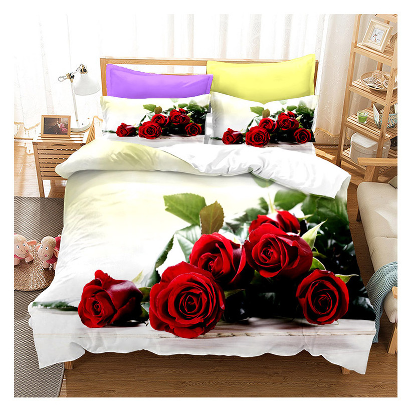 3D Digital Printing 100% Polyester 3PCS/ 4PCS Bedding Set Floral Rose Duvet Cover Set Bed Sheets Wholesale Bedsheets Sets