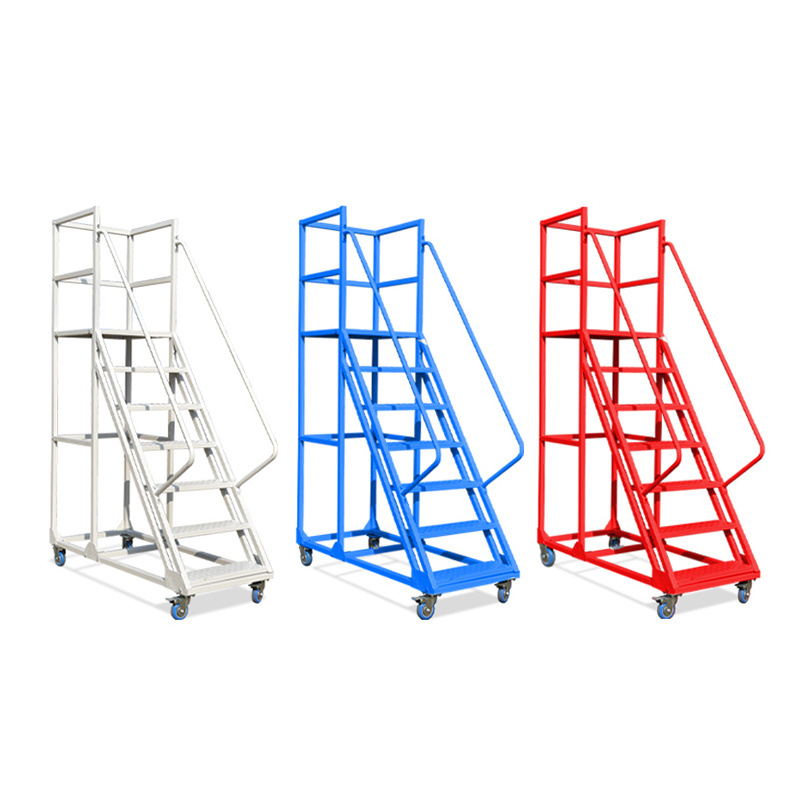 Warehouse Steel Safety Rolling Mobile Platform Ladder with Handrails