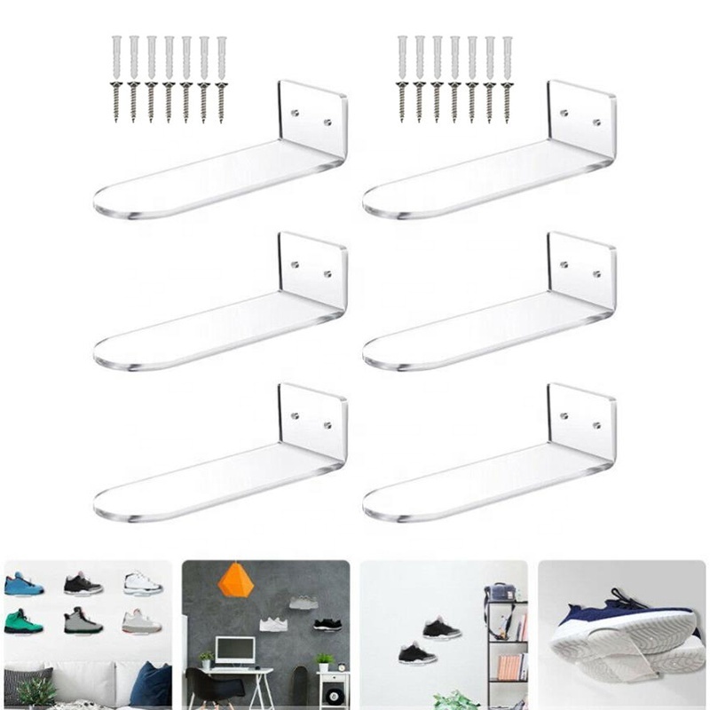 Hot Sale Acrylic Floating Shoe Display Clear Acrylic Wall Mount Floating Shelves Sneaker Shelf for Wall-Set of 6