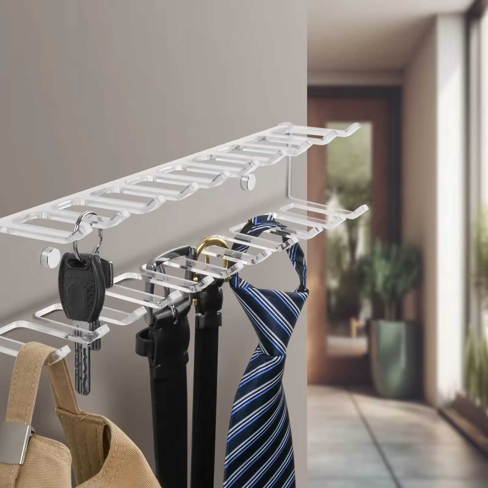 YUBI Clear Wall Mounted Closet Tie Rack Acrylic Belt Organizer For Tie Belt Storage Holder