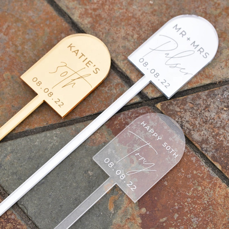 Custom Swizzle Stir Sticks Arched Shaped Gold Mirror Acrylic Drink Stirrers Wedding Charms Cocktails Wedding Decor