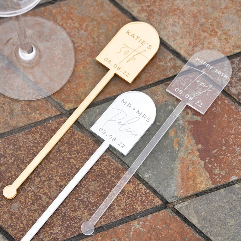 Custom Swizzle Stir Sticks Arched Shaped Gold Mirror Acrylic Drink Stirrers Wedding Charms Cocktails Wedding Decor