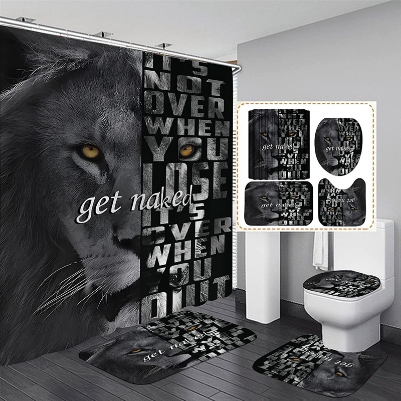 4PCS Lion Insipirational Shower Curtain Set with Toilet Lid Cover and Bath Mat Animal Shower Curtain Durable Waterproof Bathroom