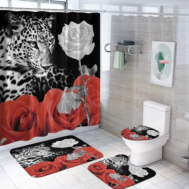 4PCS Lion Insipirational Shower Curtain Set with Toilet Lid Cover and Bath Mat Animal Shower Curtain Durable Waterproof Bathroom