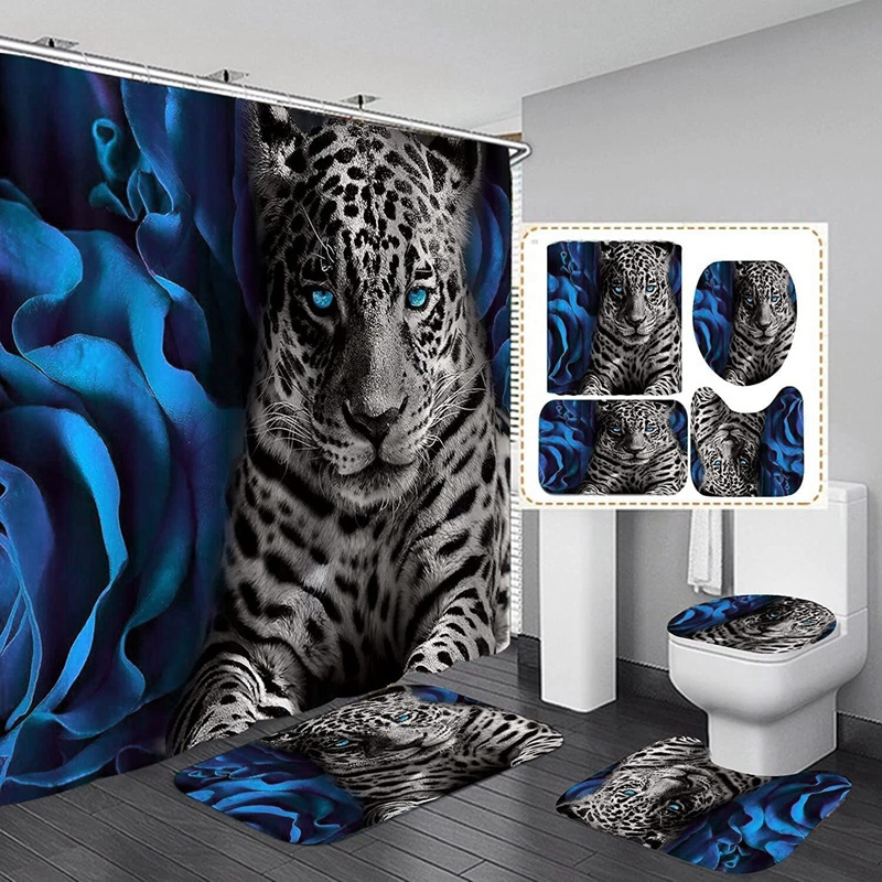 4PCS Lion Insipirational Shower Curtain Set with Toilet Lid Cover and Bath Mat Animal Shower Curtain Durable Waterproof Bathroom