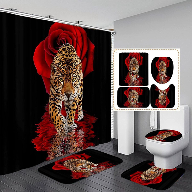 4PCS Lion Insipirational Shower Curtain Set with Toilet Lid Cover and Bath Mat Animal Shower Curtain Durable Waterproof Bathroom