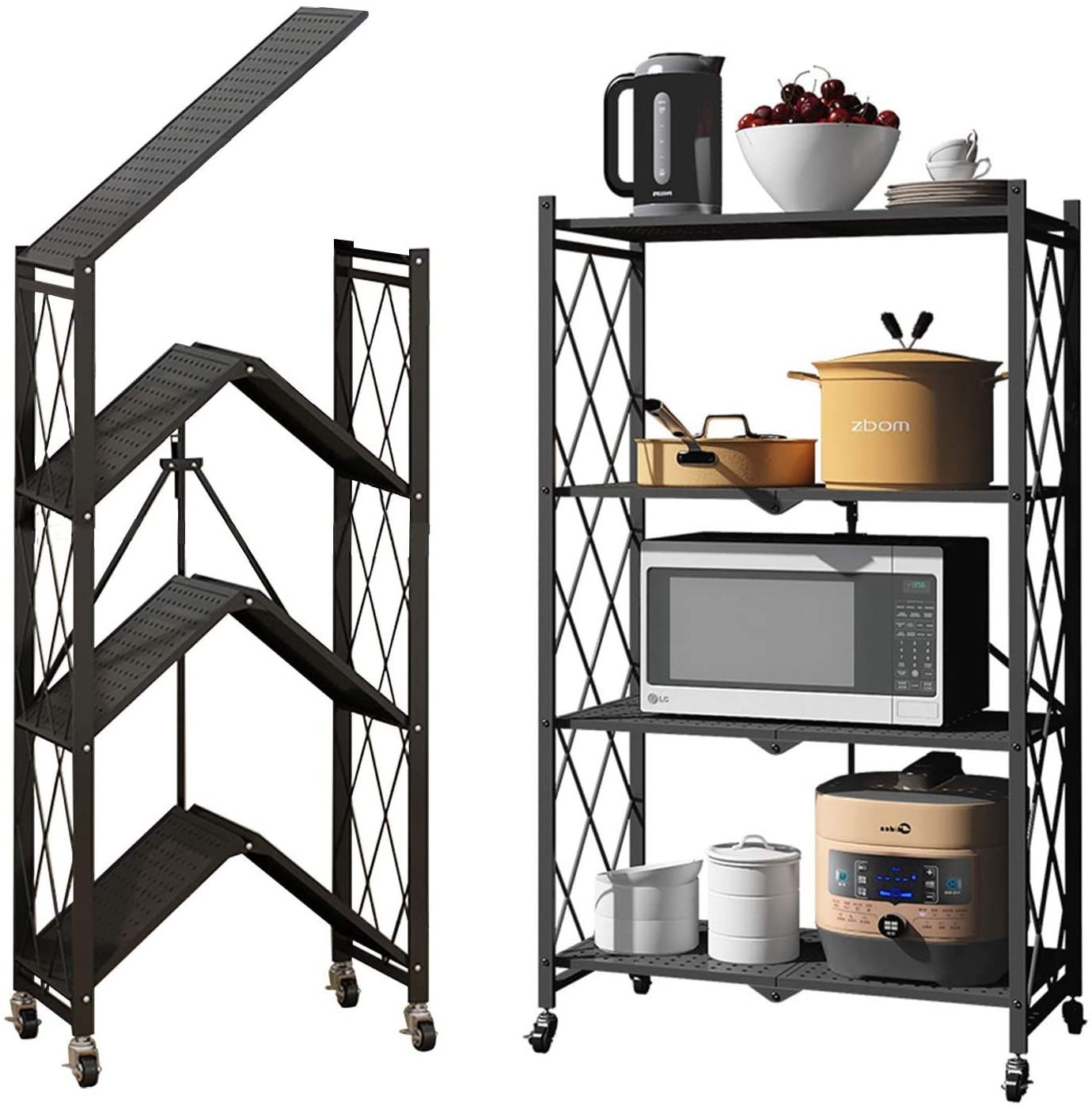 Installation Free Storage Rack Folding Shelves with Wheels Kitchen Bedroom Living Room Furniture Storage Shelf Cabinet Metal