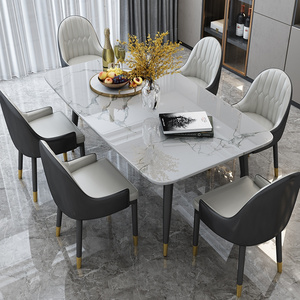 Home Furniture Metal Frame Unfolded Marble Top Dining Table and Chair Sets