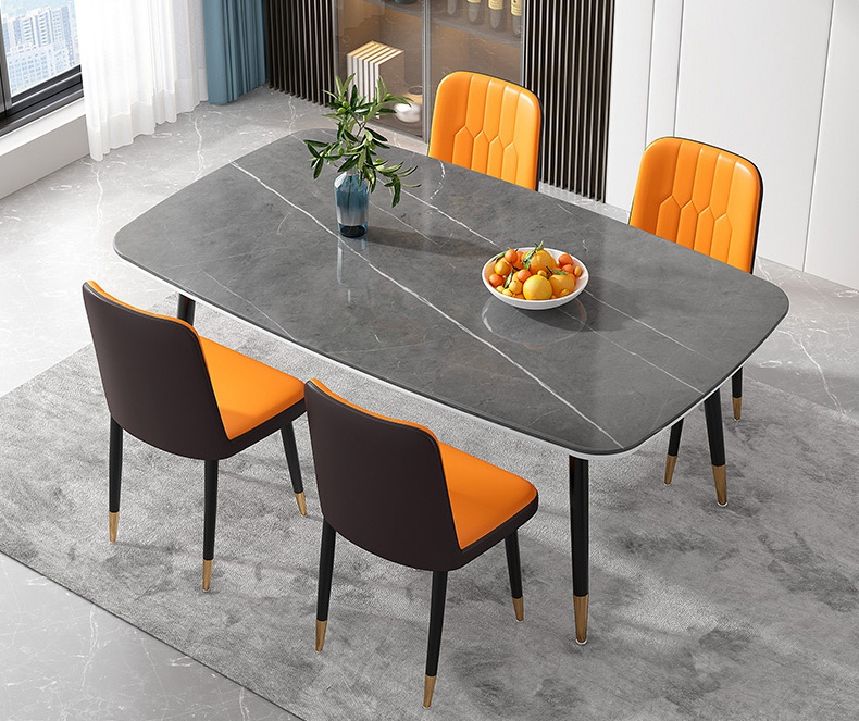 Home Furniture Metal Frame Unfolded Marble Top Dining Table and Chair Sets