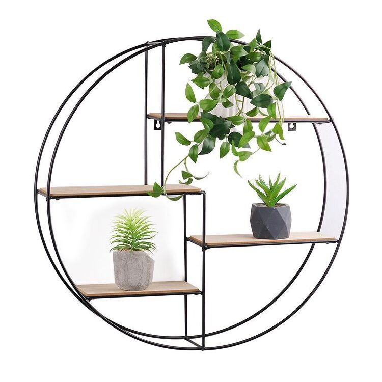 Hot Sale Black Wooded Round Plant Flower Pot Stand Hanging Floating Wall Mount Shelf For Home Decor