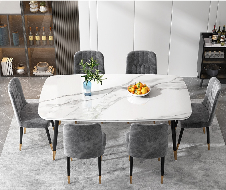 Home Furniture Metal Frame Unfolded Marble Top Dining Table and Chair Sets