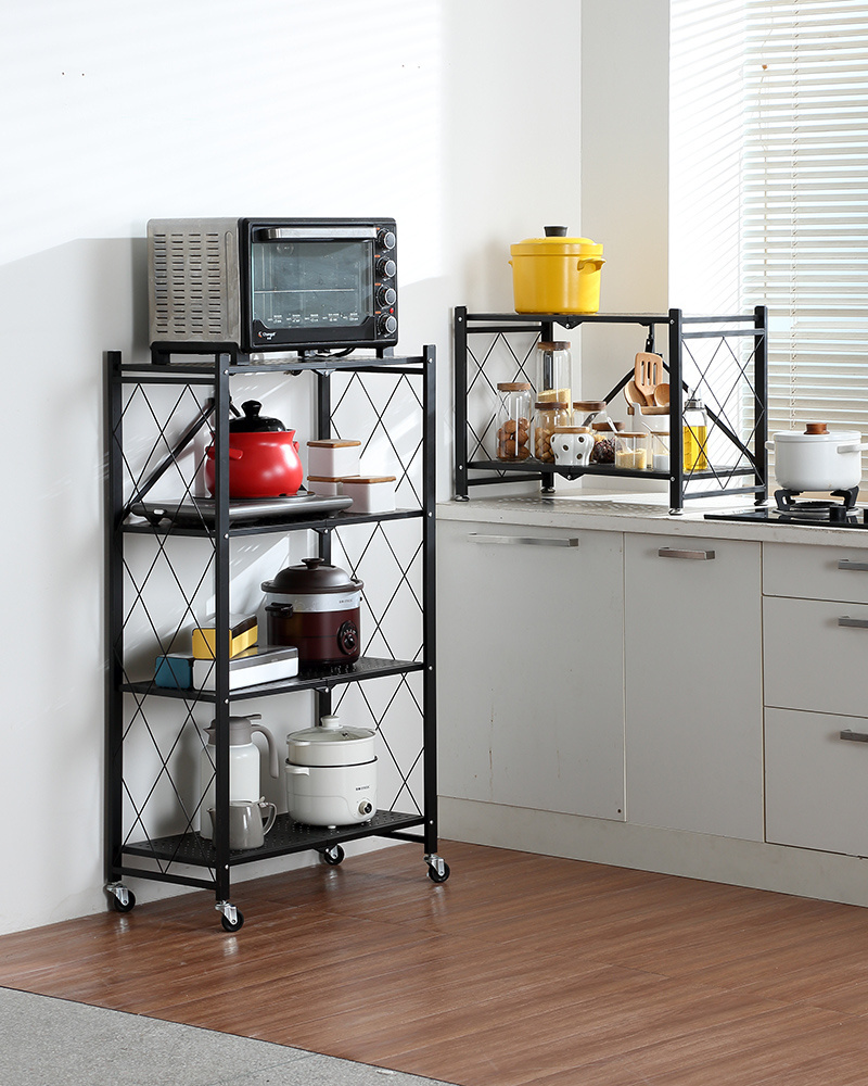 Installation Free Storage Rack Folding Shelves with Wheels Kitchen Bedroom Living Room Furniture Storage Shelf Cabinet Metal