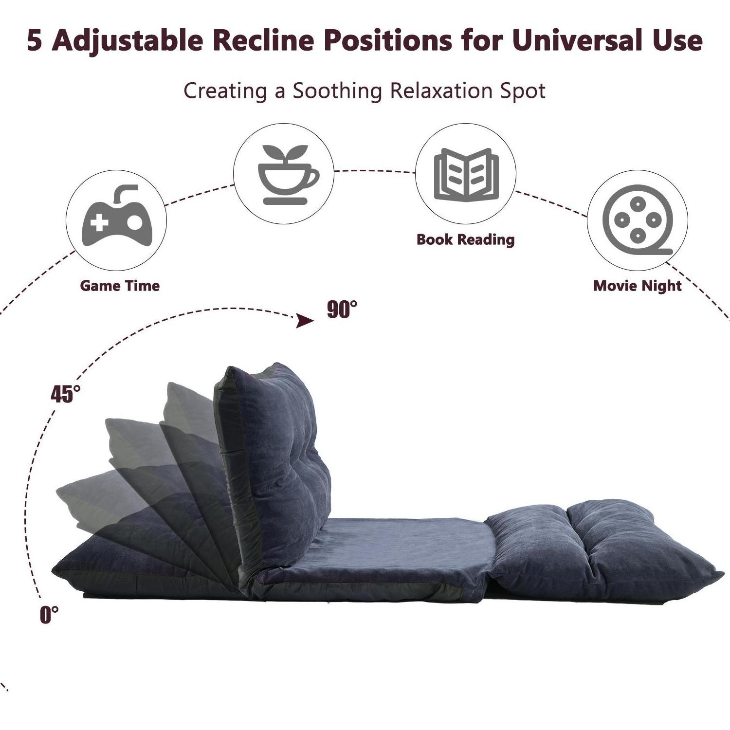 Adjustable Folding Modern Futon Chaise Gaming Lounge Convertible Upholstered Sleeper Chair with Two Pillows Fold Down Sofa Bed