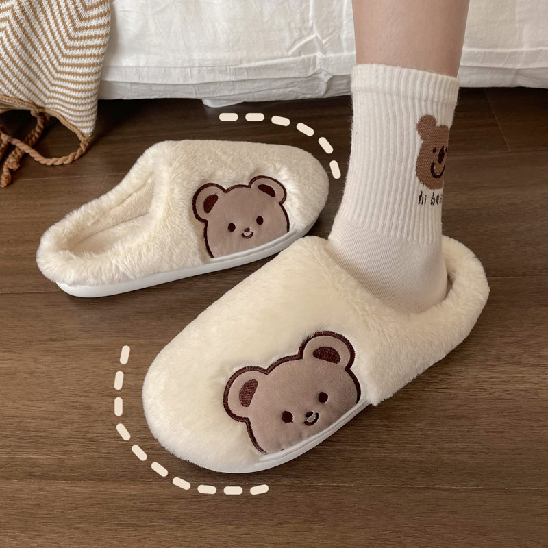 Cute Bear Cotton Winter Slippers Indoor Outdoor Home Plush Soft Bottom Slippers Stuffed Animals Bear Slippers