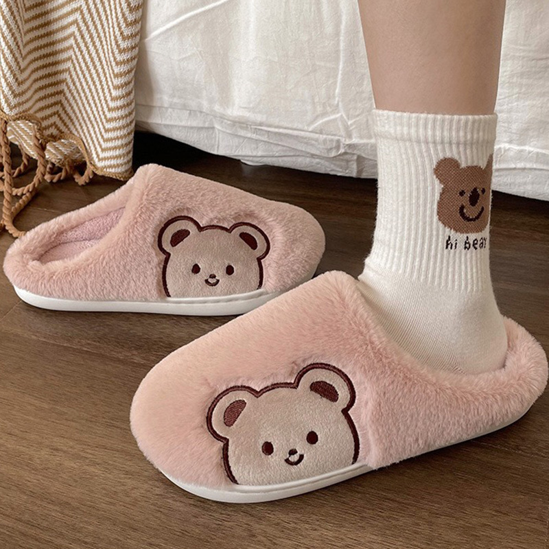 Cute Bear Cotton Winter Slippers Indoor Outdoor Home Plush Soft Bottom Slippers Stuffed Animals Bear Slippers