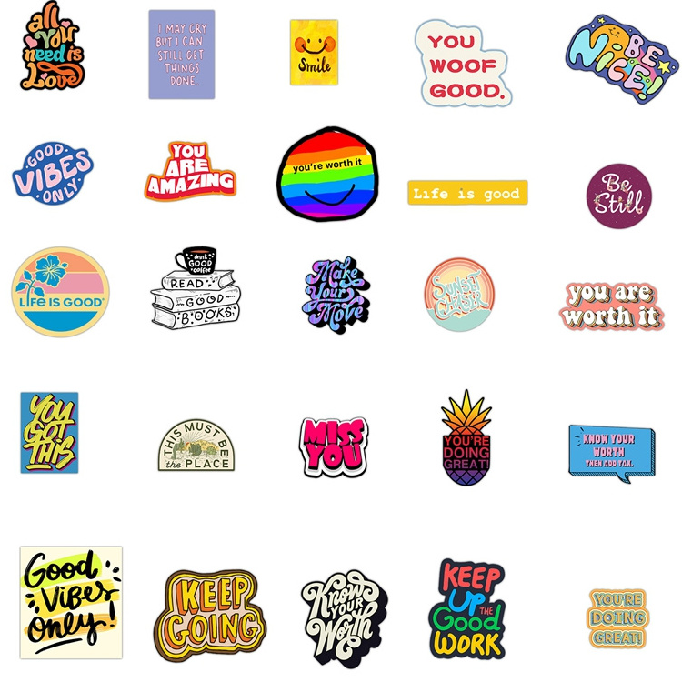 Custom Logo 50pcs Waterproof Pvc Vinyl Die Cut Graffiti Decorative Stickers For Book Water Bottle Laptops Journal Scrapbooking