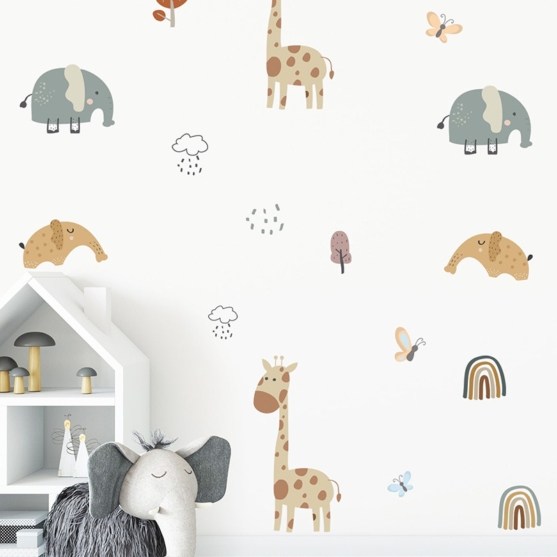 Cartoon animals  giraffes elephants  children's room wall decoration custom stickers