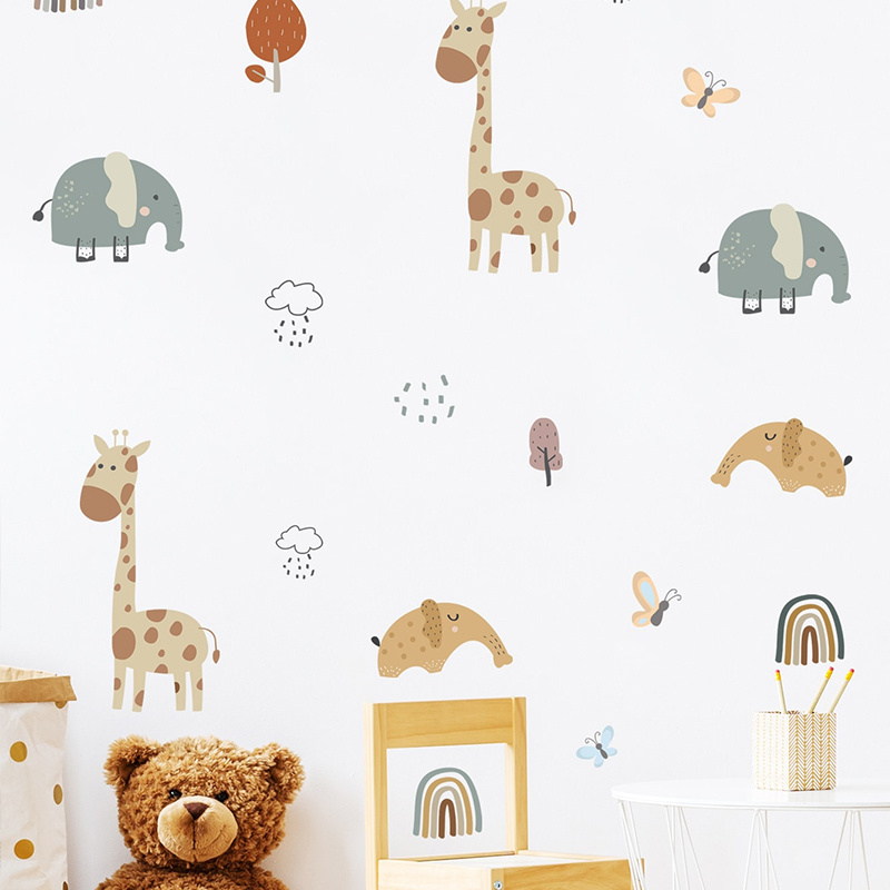 Cartoon animals  giraffes elephants  children's room wall decoration custom stickers