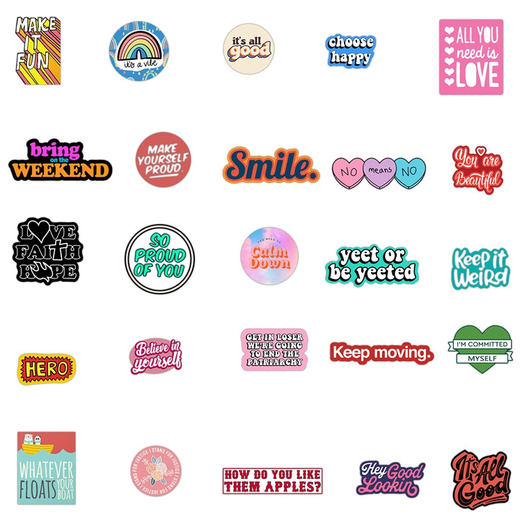 Custom Logo 50pcs Waterproof Pvc Vinyl Die Cut Graffiti Decorative Stickers For Book Water Bottle Laptops Journal Scrapbooking