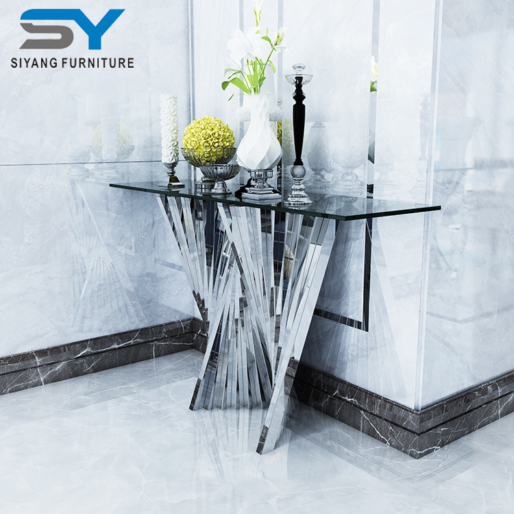 Foshan furniture simple design glass top stainless steel console table XG013