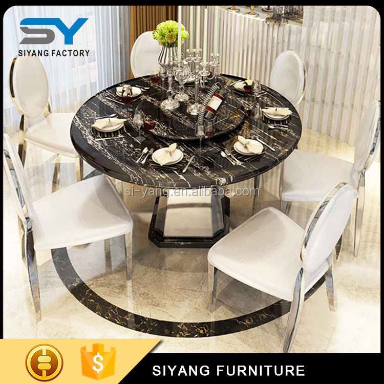 6 seater dining table set marble top round dining table with rotating centre CT016