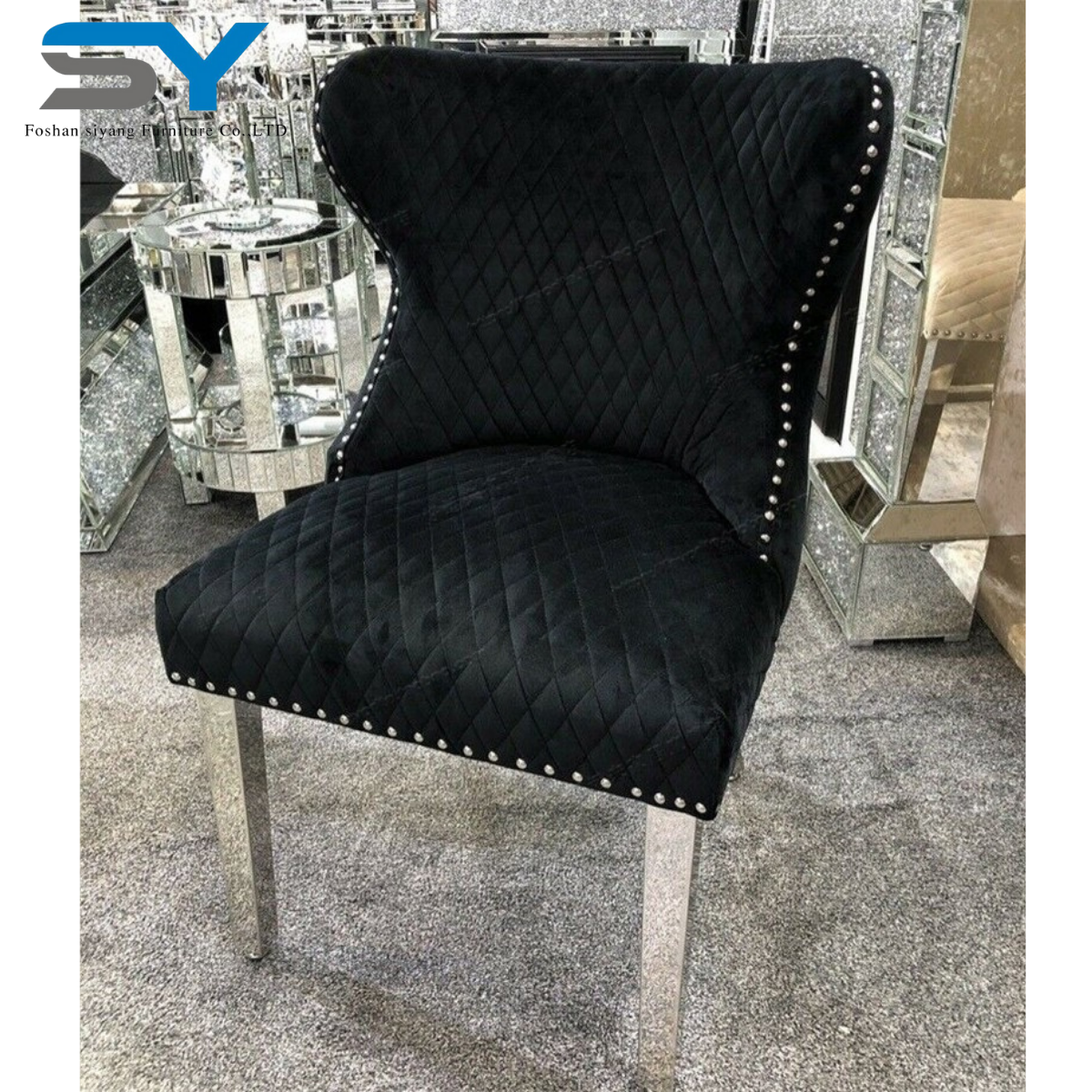 Customized Velvet Lion Knocker Back Dining Chairs Modern Luxury For Velvet Stainless Steel Dining Chair