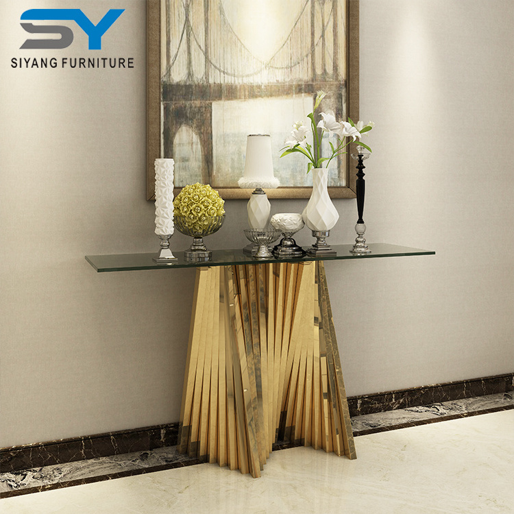 Foshan furniture simple design glass top stainless steel console table XG013